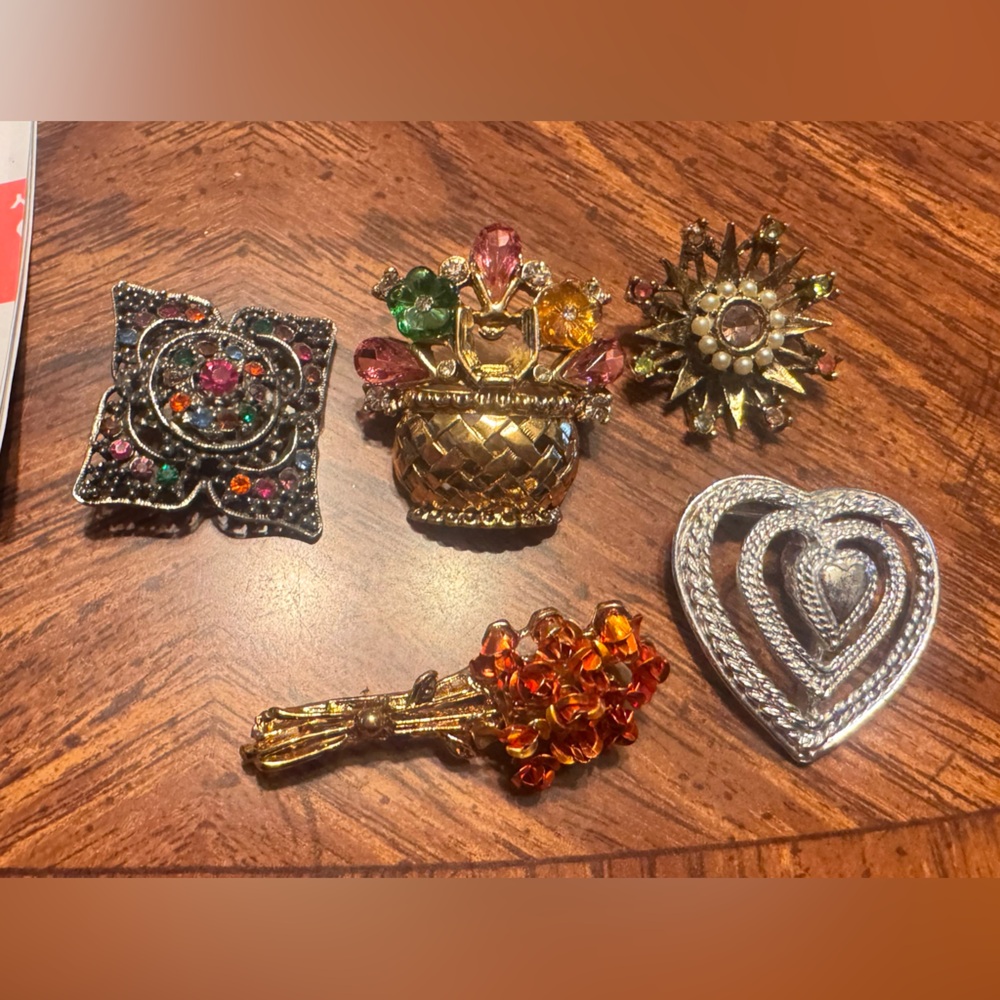 Vintage Mixed Costume Brooch Lot - Multicolor Crystal Accents